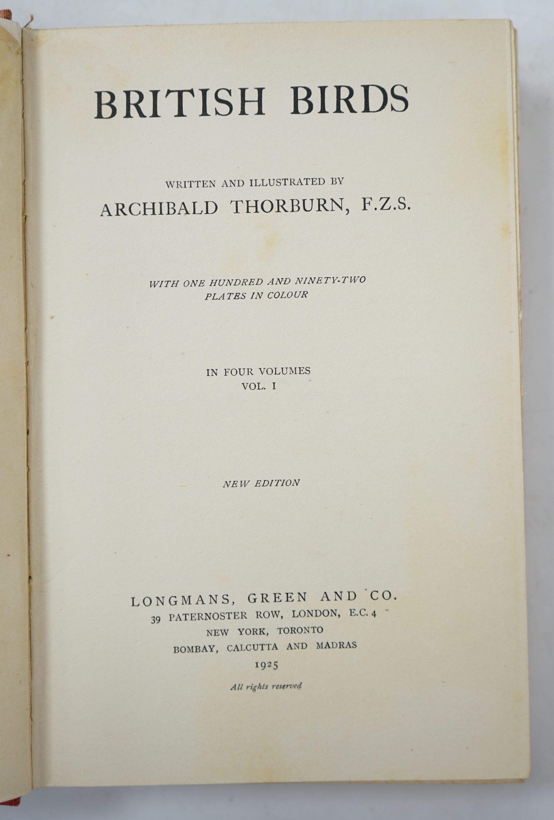 Thorburn, Archibald - British Birds, new edition (revised), 4 vols. 192 coloured plates; original gilt-lettered cloth, cr. 8vo. 1925-26